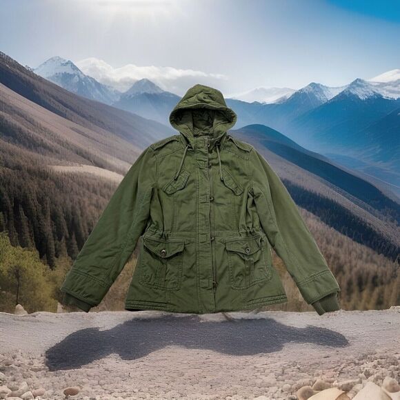 Tommy Hilfiger Military Jacket Womens M Olive Green Cargo Utility Barn Chore Y2K - Picture 1 of 14
